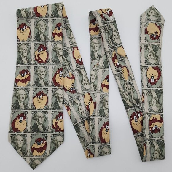 Tasmanian Devil and Money Necktie by Looney Tunes 1997 Green Polyester 57.5" L 3 - Picture 1 of 6